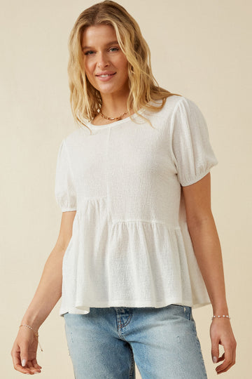 HDY7108 Lavender Womens Textured Puff Sleeve Asymmetric Panel Knit Top Front
